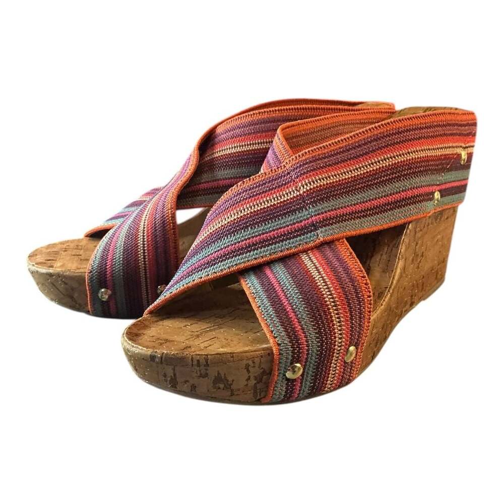 💟Montego Bay Club Tally Striped Elastic Wedge Cork Sandals. Size: 7.5